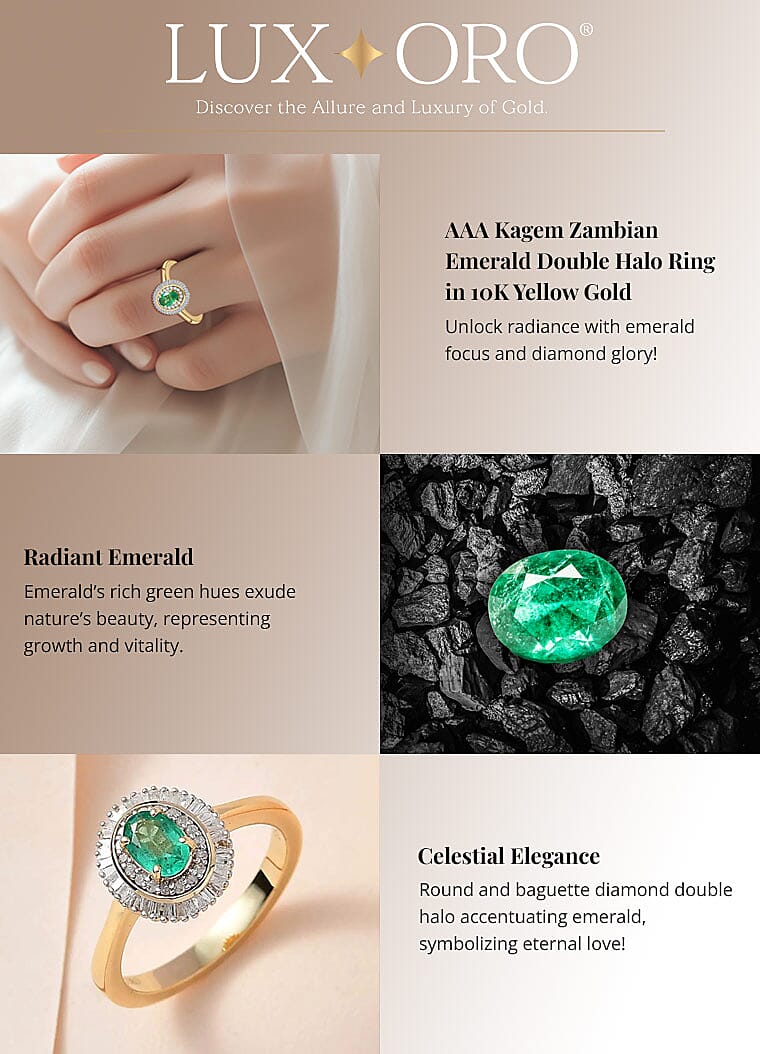Luxoro AAA Kagem Zambian Emerald Double Halo Ring in 10K Yellow GoldBanner