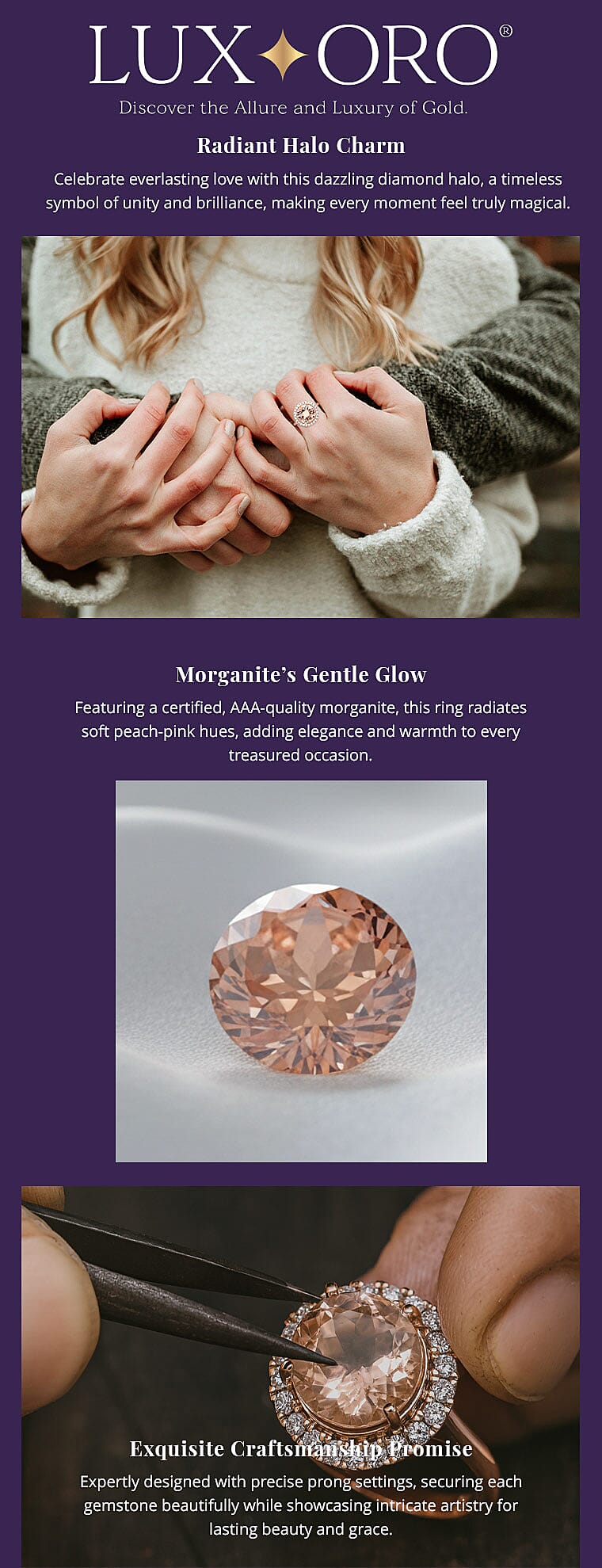 Certified & Appraised Luxoro AAA Marropino Morganite and I2 Diamond 4.65 ctw Halo Ring in 14K Rose Gold Banner
