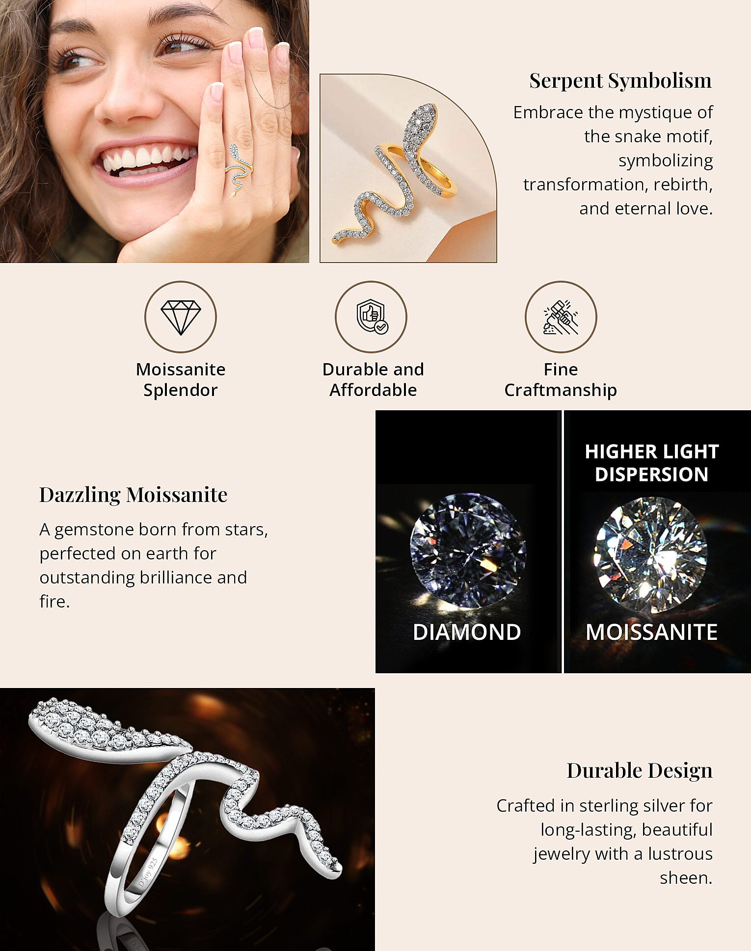 Moissanite Snake Ring in Vermeil Yellow Gold Over Sterling Silver Banner