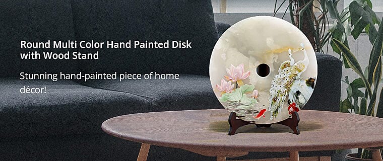 Round Multi Color Hand Painted Disk with Wood Stand Banner