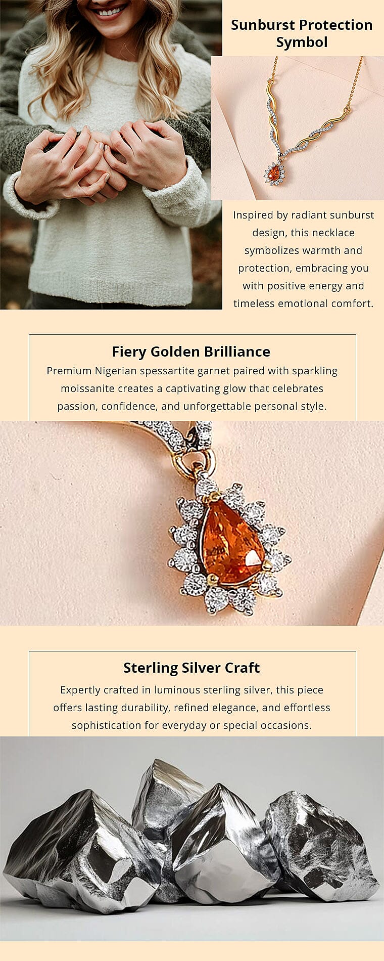 Premium Nigerian Spessartite Garnet and Moissanite 0.85 ctw Sunburst Necklace Banner