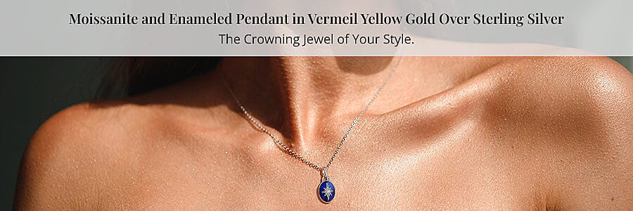 Moissanite and Enameled Pendant in Vermeil Yellow Gold Over Sterling Silver Banner