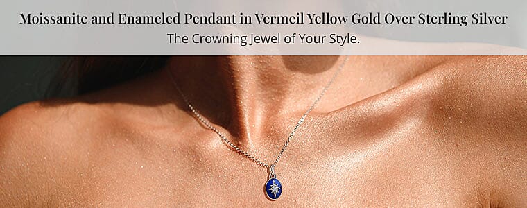 Moissanite and Enameled Pendant in Vermeil Yellow Gold Over Sterling Silver Banner