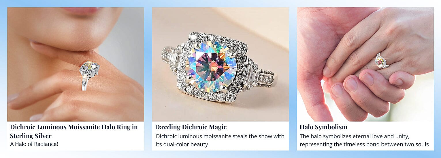 Dichroic Luminous Moissanite Halo Ring in Sterling Silver Banner