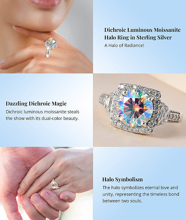 Dichroic Luminous Moissanite Halo Ring in Sterling SilverBanner