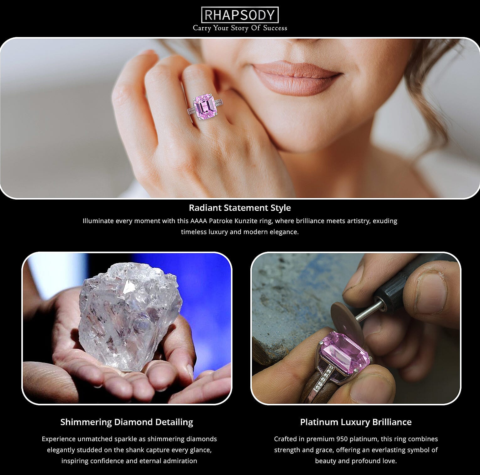 Rhapsody 950 Platinum AAAA Patroke Kunzite and E-F VS Diamond Ring 6.15 Grams 14.75 ctw Banner