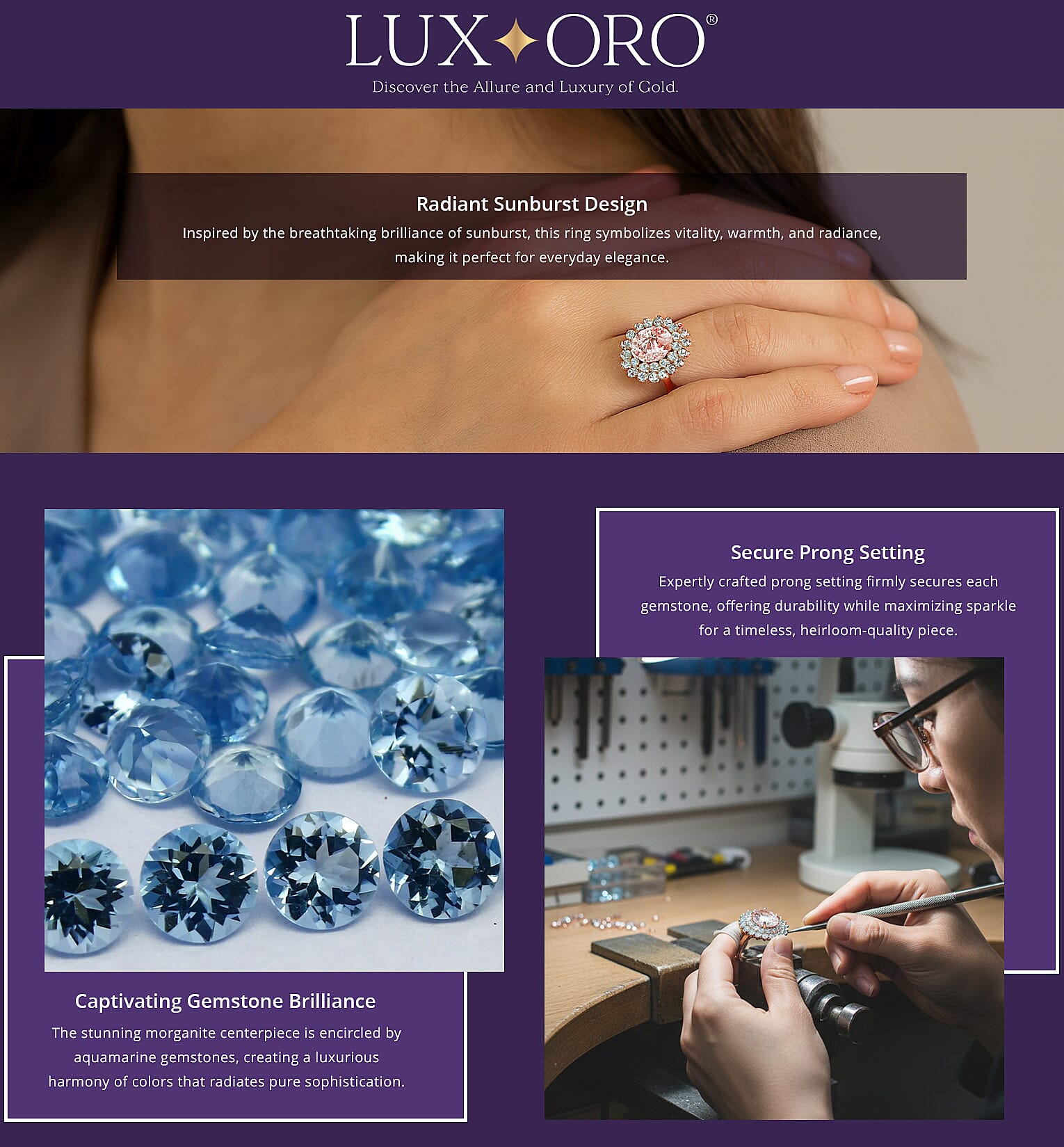 Certified & Appraised Luxoro 14K Rose Gold Palmeiras AAAA Pink Morganite and AAAA Santa Maria Aquamarine Double Halo Ring 4.45 Grams 3.60 ctw Banner