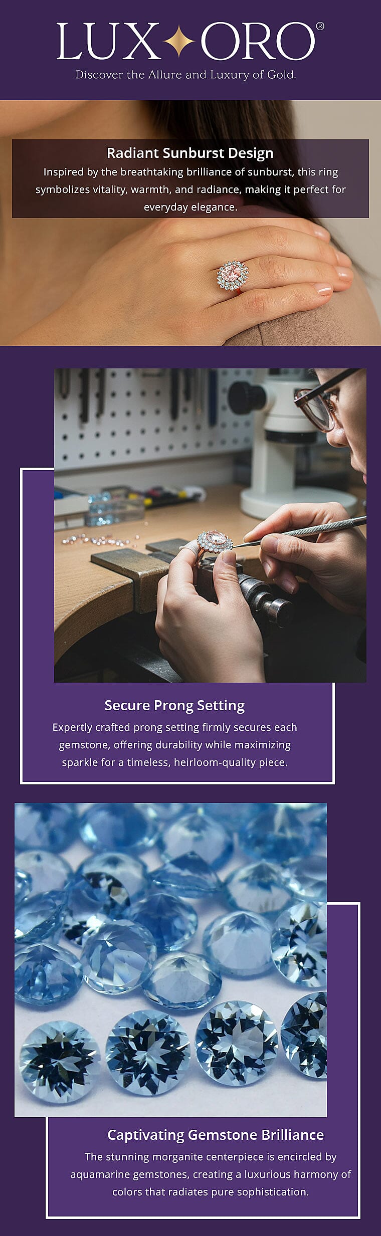 Certified & Appraised Luxoro 14K Rose Gold Palmeiras AAAA Pink Morganite and AAAA Santa Maria Aquamarine Double Halo Ring 4.45 Grams 3.60 ctw Banner