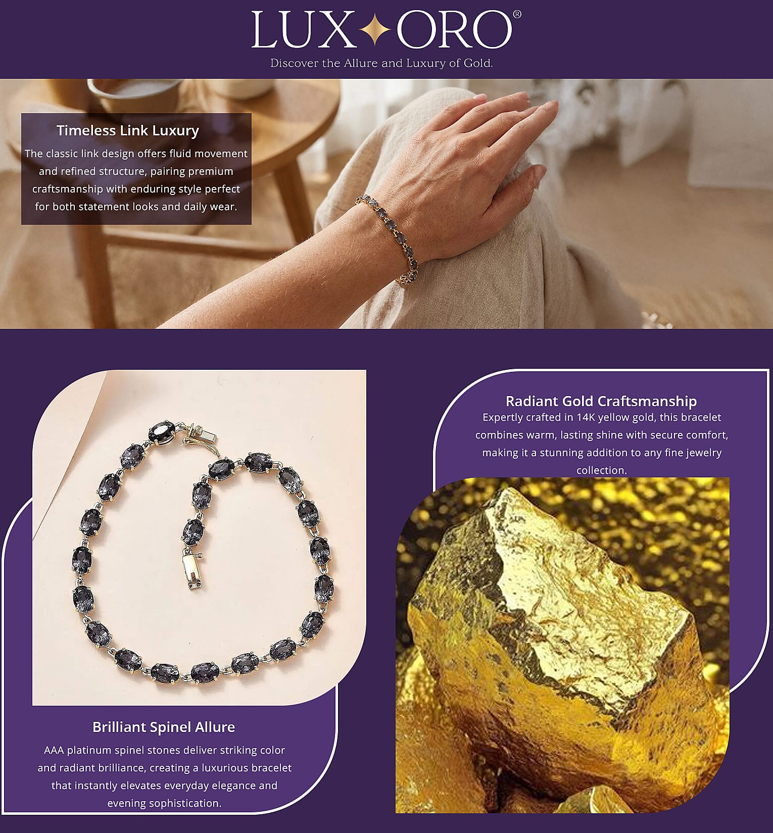 Luxoro AAA Collector Edition Platinum Spinel 10.50ctw Link Bracelet in 14K Yellow Gold (6.50 In) Banner