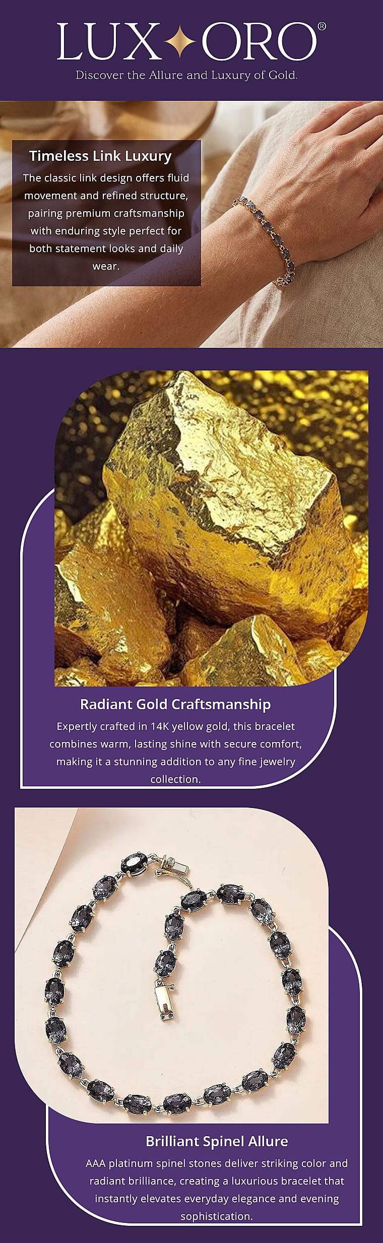 Luxoro AAA Collector Edition Platinum Spinel 10.50ctw Link Bracelet in 14K Yellow Gold (6.50 In) Banner