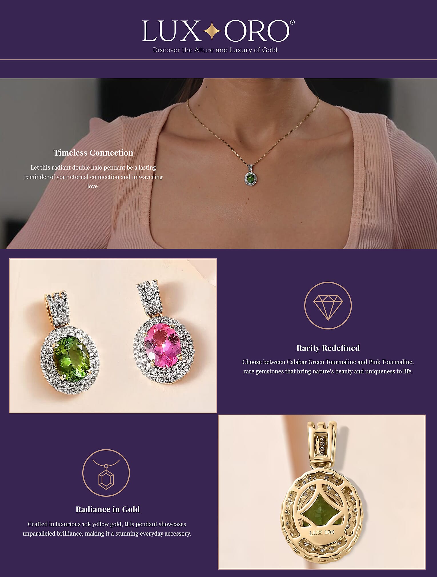 Luxoro Premium Natural Calabar Green Tourmaline and Moissanite 2.50 ctw Double Halo Pendant Banner