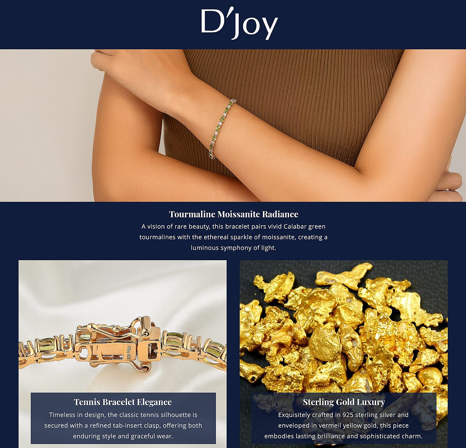 D'Joy Premium Natural Calabar Green Tourmaline and Moissanite 5.70 ctw Tennis Bracelet in Vermeil YG Over Sterling Silver (7.25 In) Banner