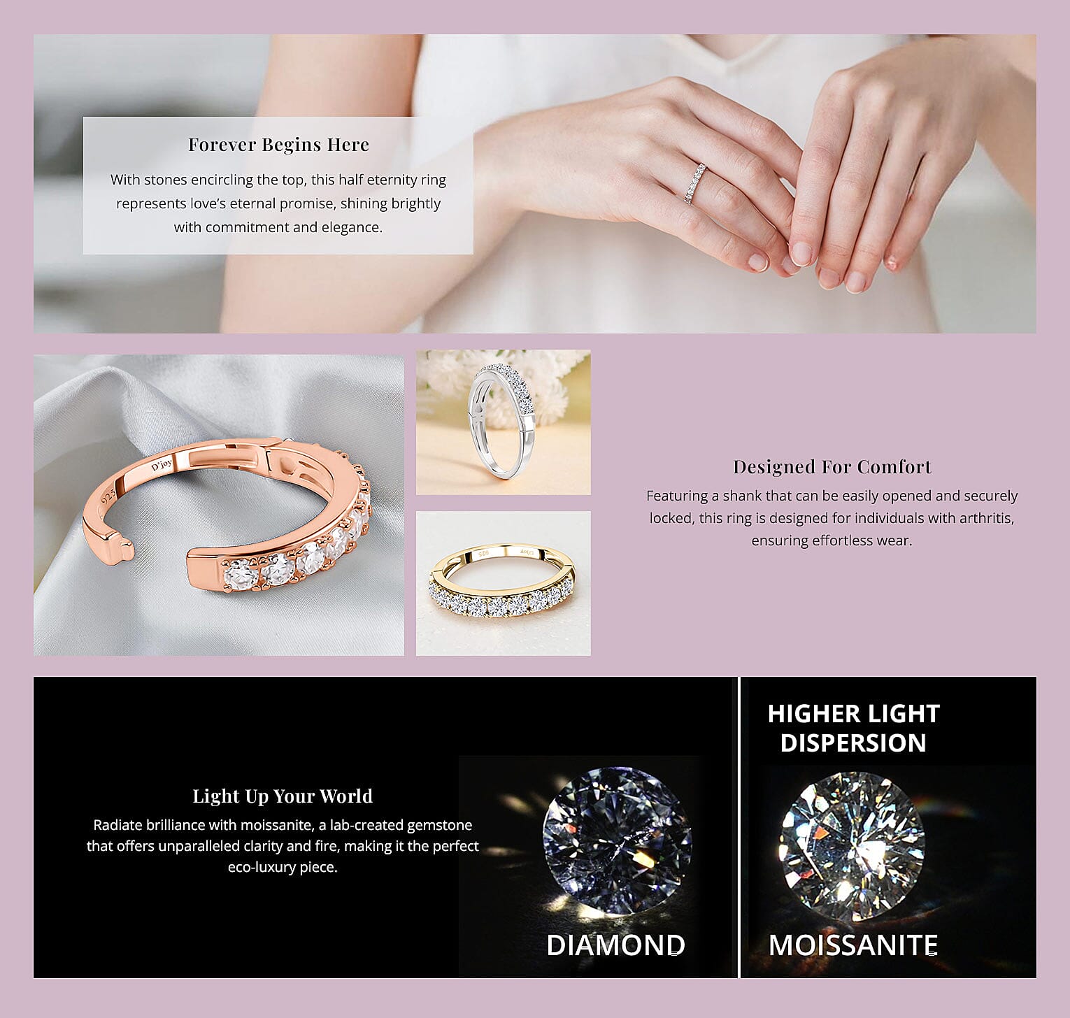 Moissanite Arthritis Half Eternity Band Ring in Rhodium Over Sterling Silver Banner