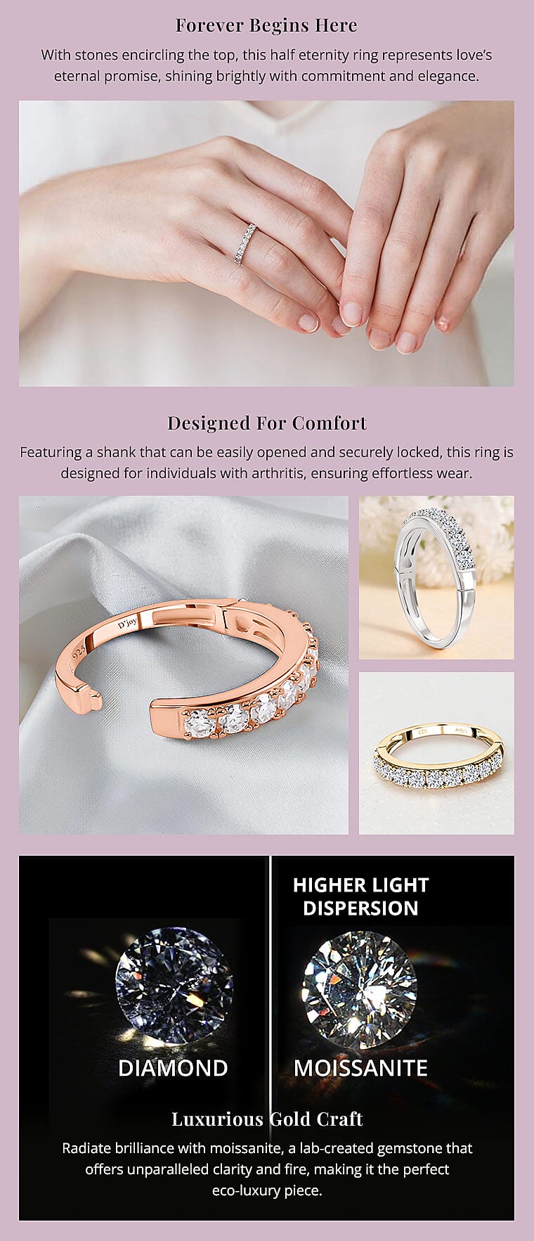 Moissanite Arthritis Half Eternity Band Ring in Rhodium Over Sterling Silver Banner