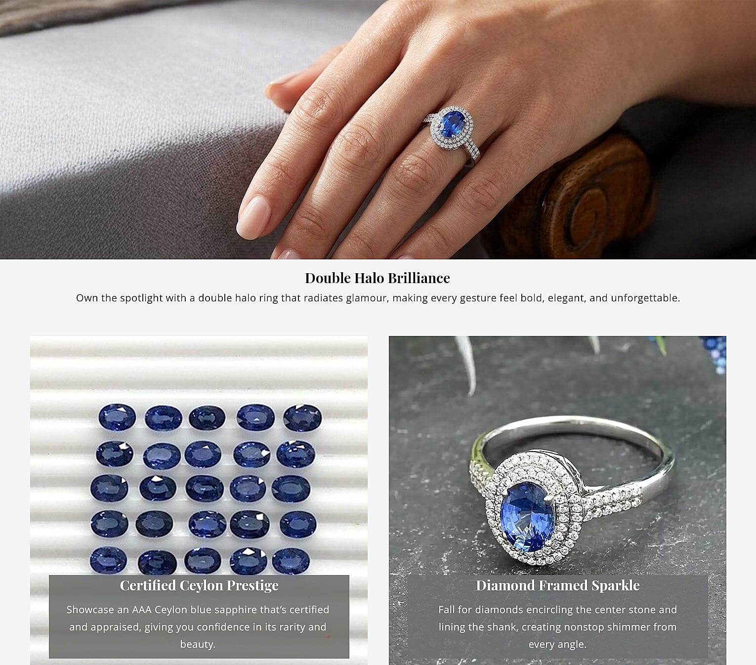 Certified & Appraised Iliana 18K White Gold AAA Ceylon Blue Sapphire and G-H SI Diamond Double Halo Ring 4.45 Grams 1.75 ctw Banner