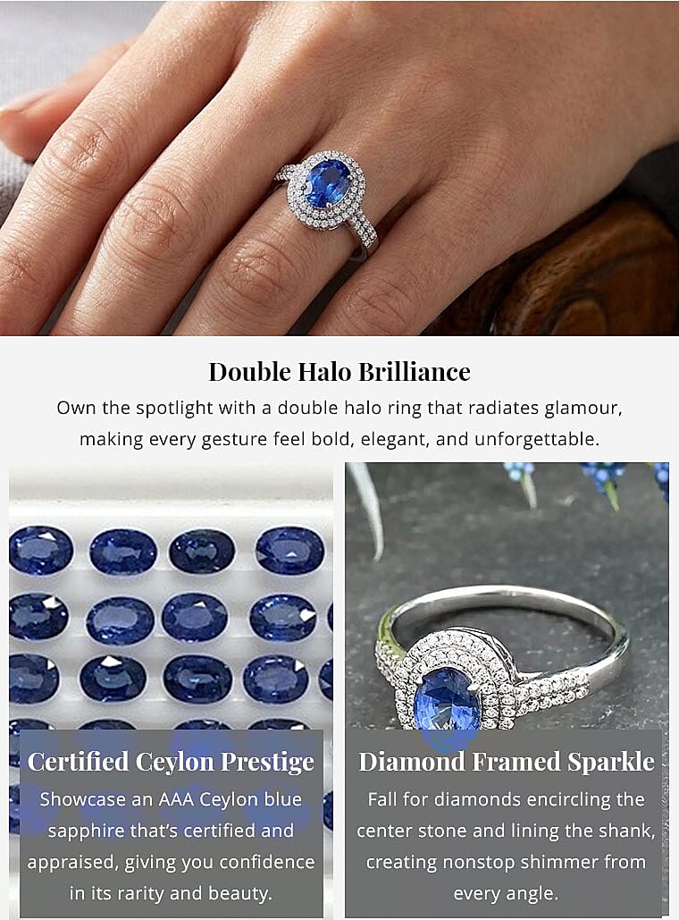 Certified & Appraised Iliana 18K White Gold AAA Ceylon Blue Sapphire and G-H SI Diamond Double Halo Ring 4.45 Grams 1.75 ctw Banner