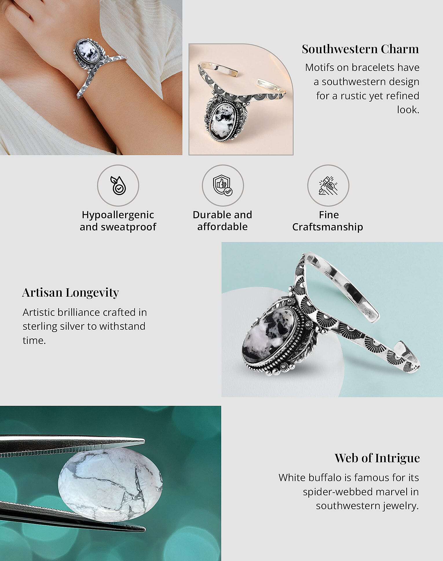 Artisan Crafted White Buffalo Cuff Bracelet in Sterling Silver Banner