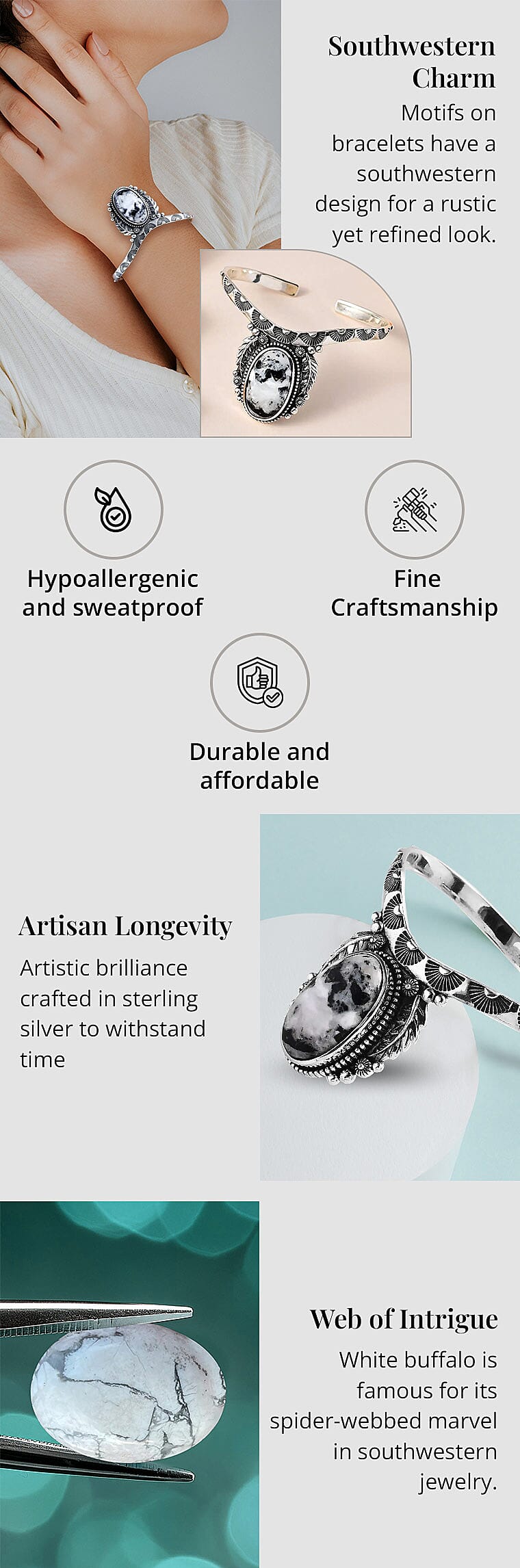 Artisan Crafted White Buffalo Cuff Bracelet in Sterling Silver Banner