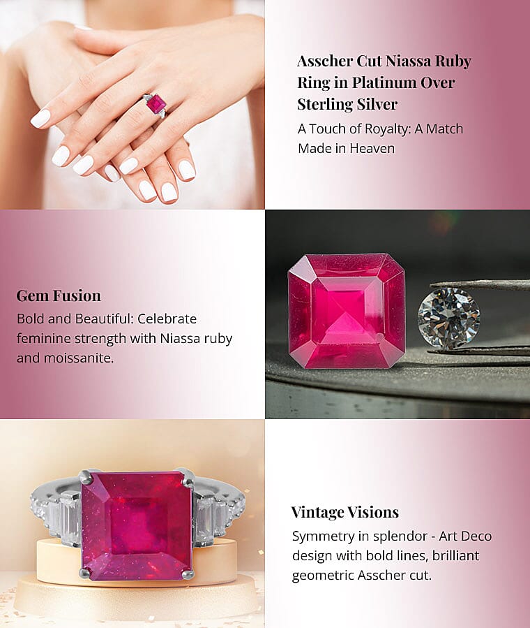 Asscher Cut Niassa Ruby Ring in Platinum Over Sterling SilverBanner