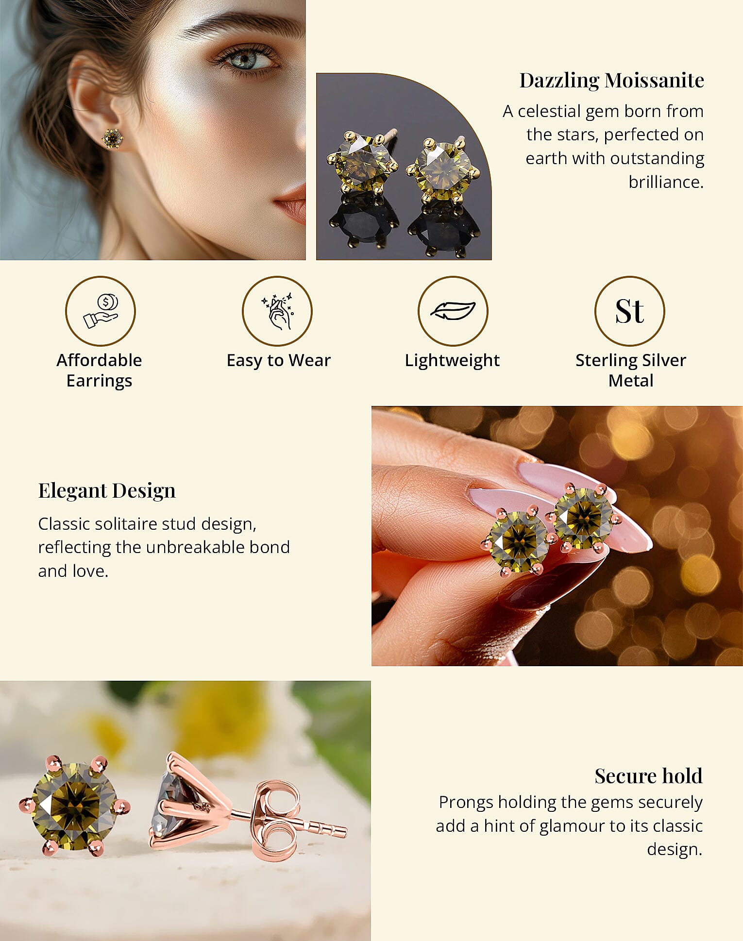 Olive Green Moissanite Solitaire Stud Earrings in Vermeil Rose Gold Over Sterling Silver Banner