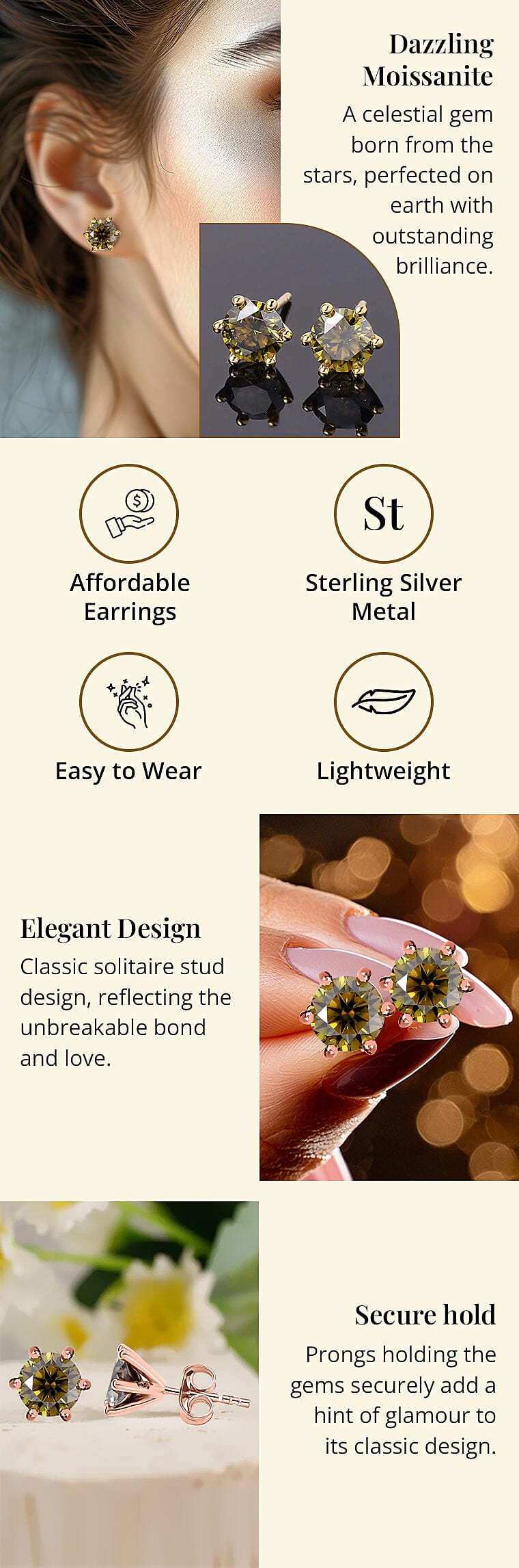 Olive Green Moissanite Solitaire Stud Earrings in Vermeil Rose Gold Over Sterling Silver Banner