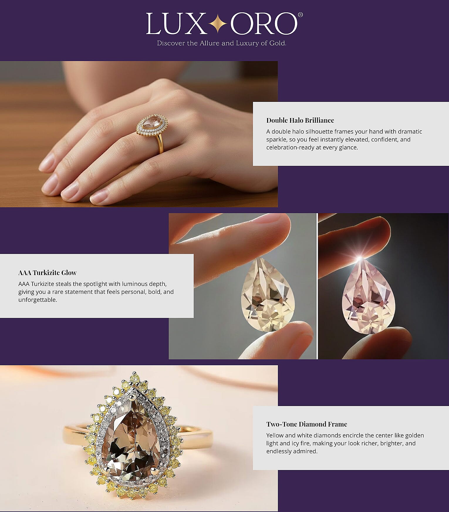 Luxoro AAA Turkizite, I3 Natural Yellow and White Diamond 2.35 ctw Double Halo Ring Banner