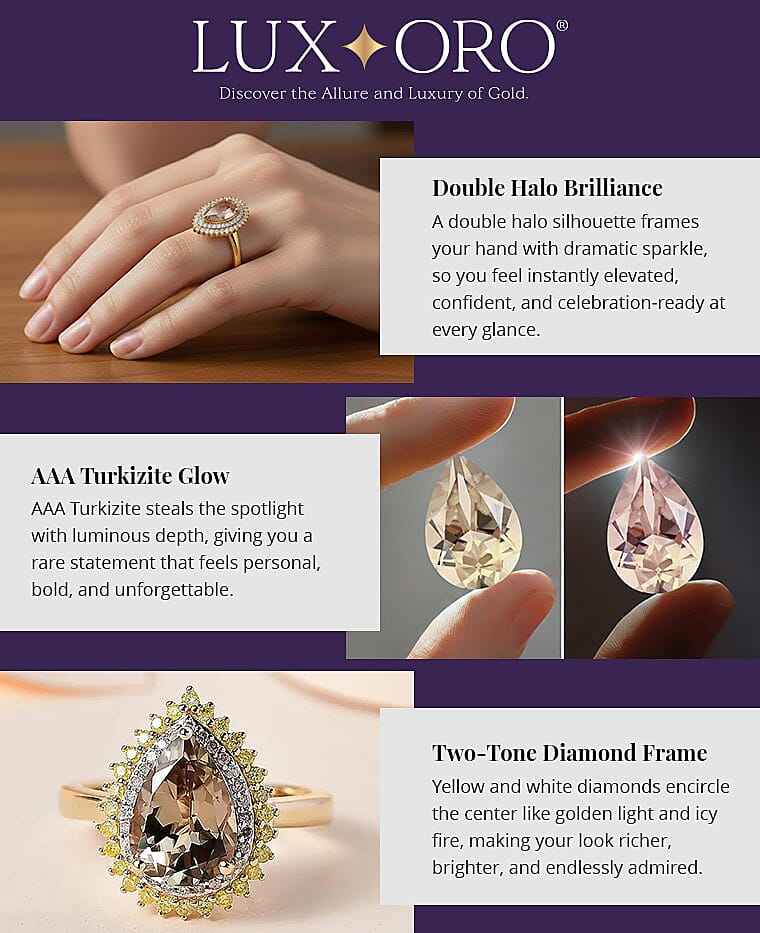 Luxoro AAA Turkizite, I3 Natural Yellow and White Diamond 2.35 ctw Double Halo Ring Banner