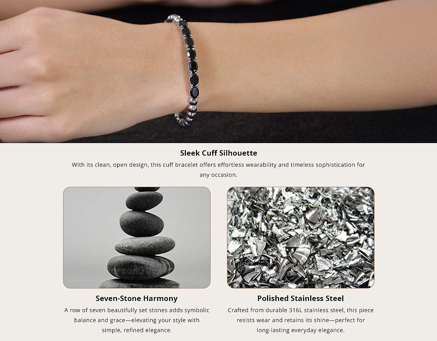 Thai Black Spinel Cuff Bracelet in Stainless Steel (8.00 In) 7.15 ctw Banner