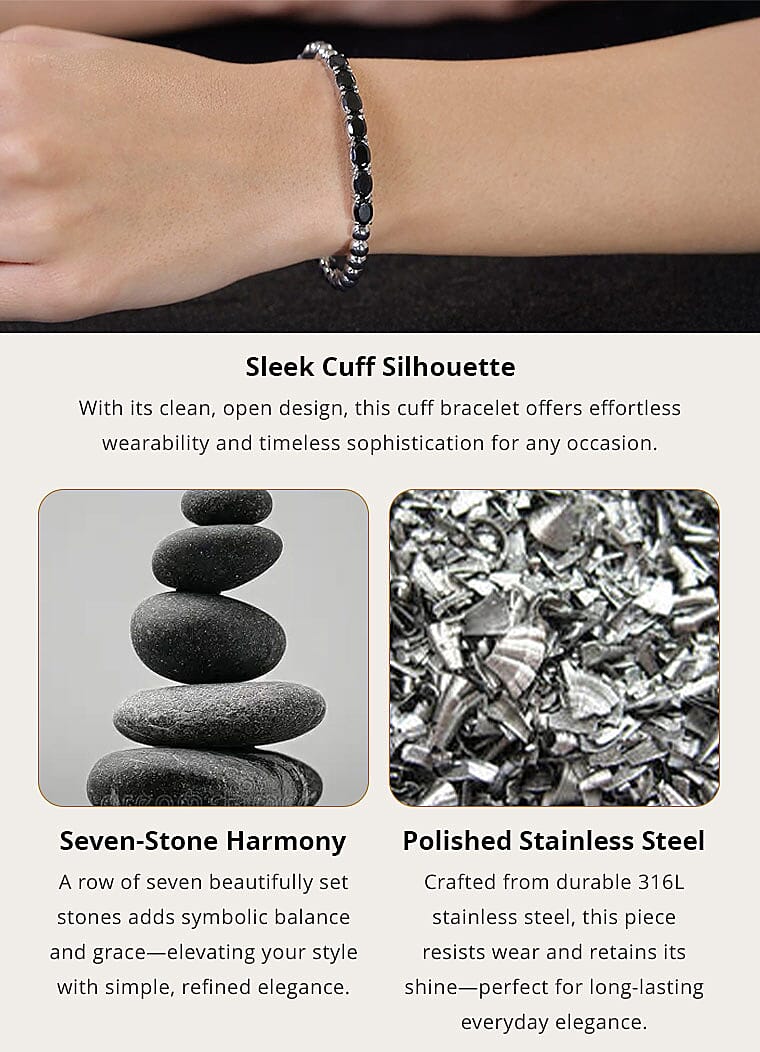 Thai Black Spinel Cuff Bracelet in Stainless Steel (8.00 In) 7.15 ctw Banner