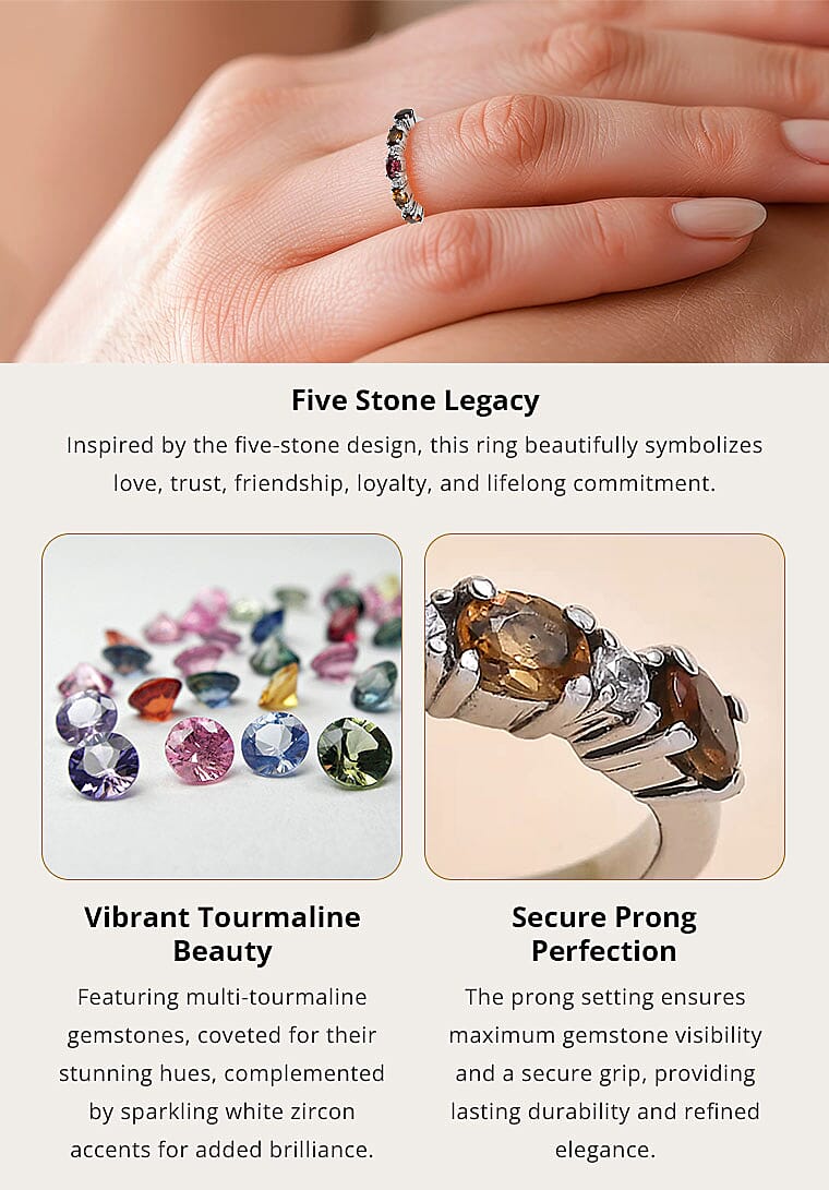 Multi-Tourmaline and White Zircon Ring in Stainless Steel Banner