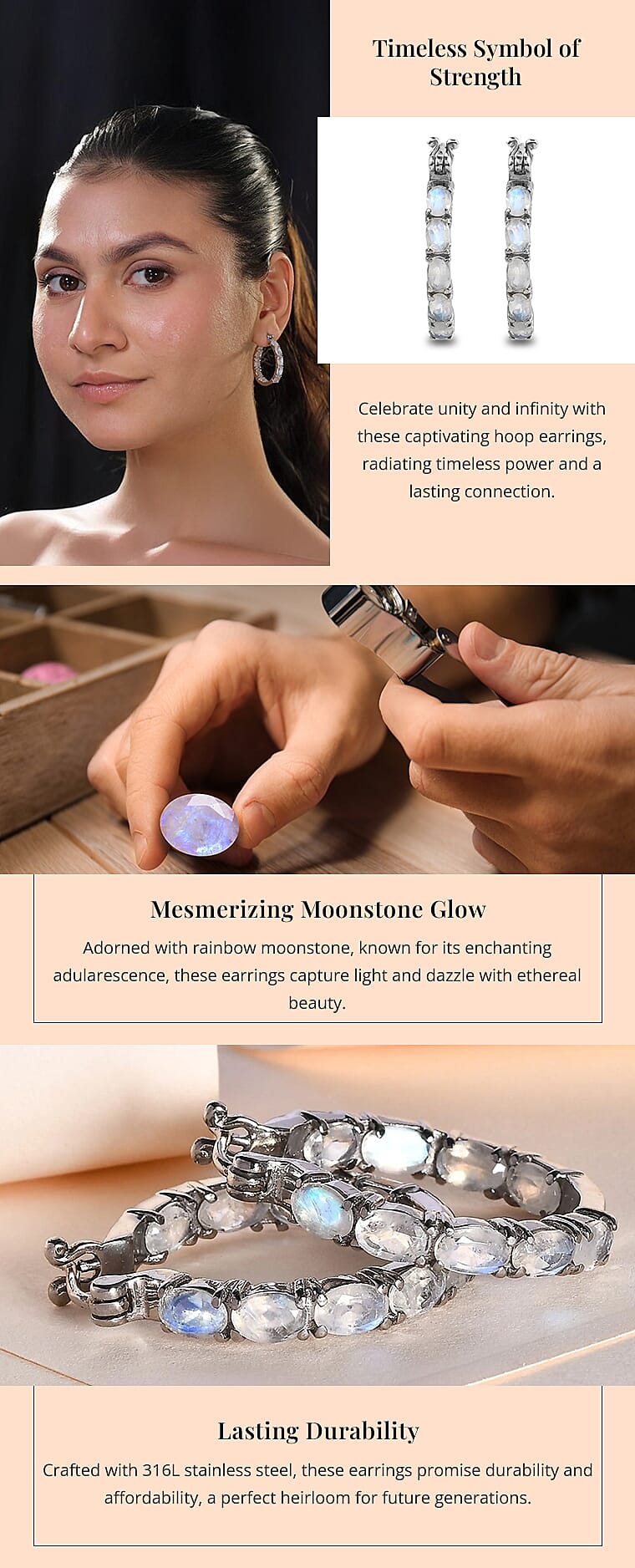 Rainbow Moonstone 7.65 ctw Hoop Earrings in Stainless SteelBanner