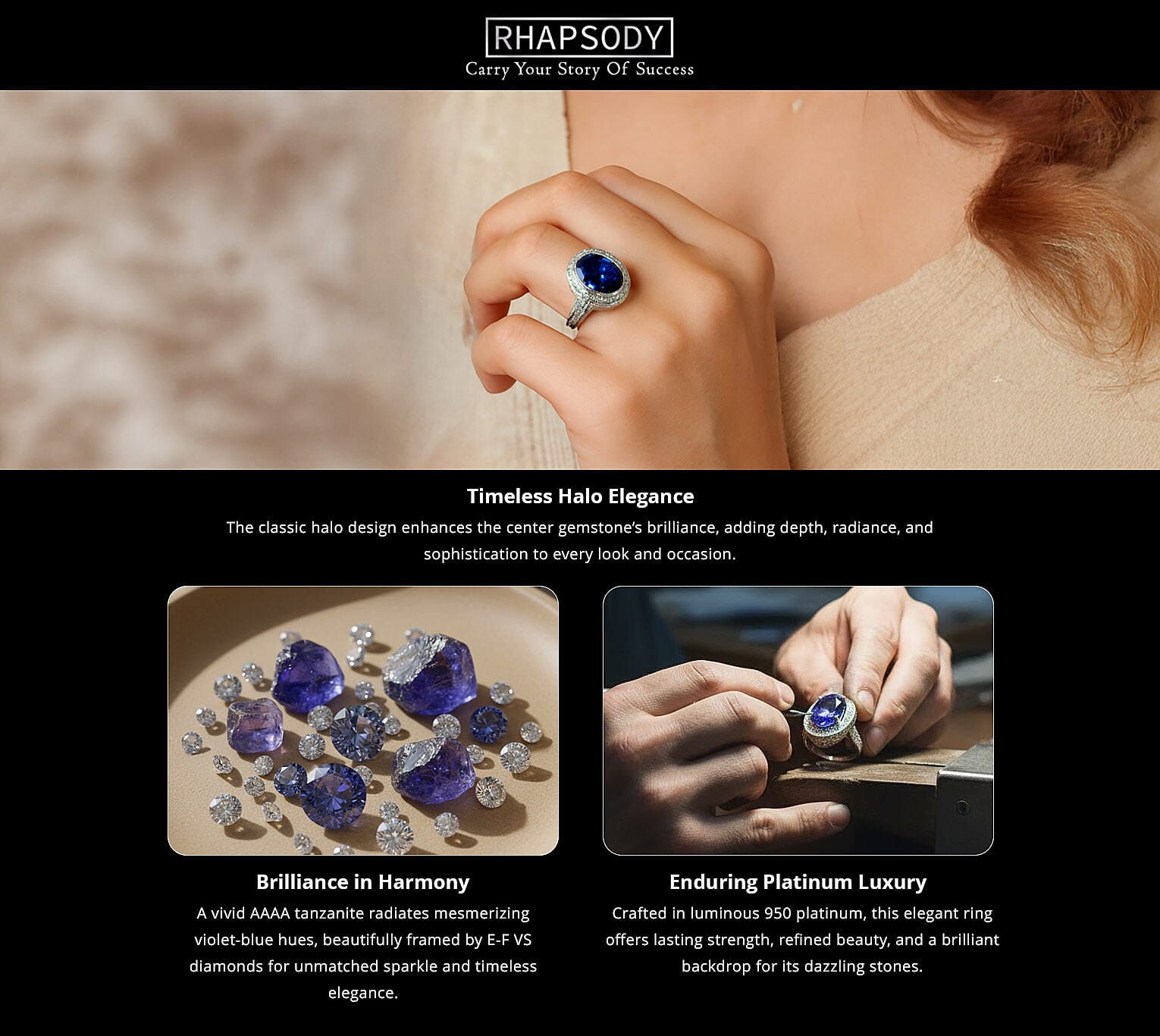 Certified and Appraised Rhapsody 950 Platinum AAAA Tanzanite, Diamond (E-F, VS) (1.79 cts) Halo Ring (12.45 g) 10.39 ctw Banner