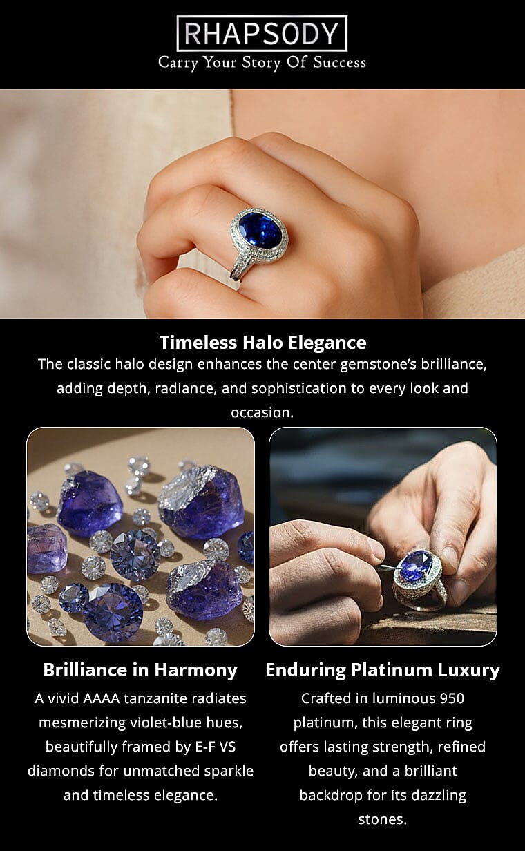 Certified and Appraised Rhapsody 950 Platinum AAAA Tanzanite, Diamond (E-F, VS) (1.79 cts) Halo Ring (12.45 g) 10.39 ctw Banner