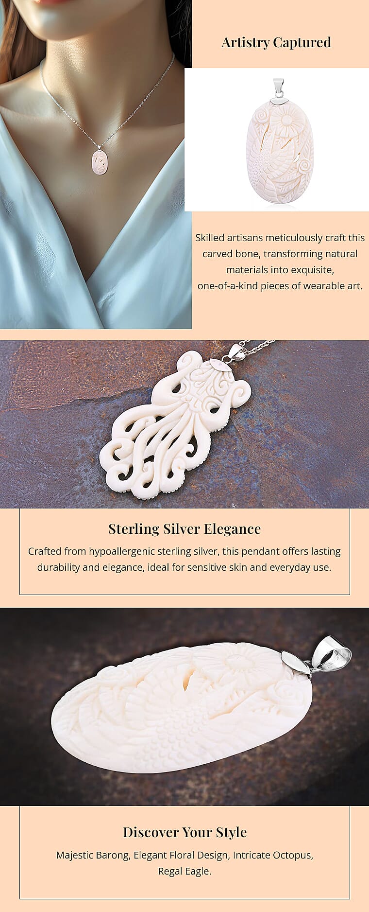 Carved Bone Octopus Pendant in Sterling SilverBanner