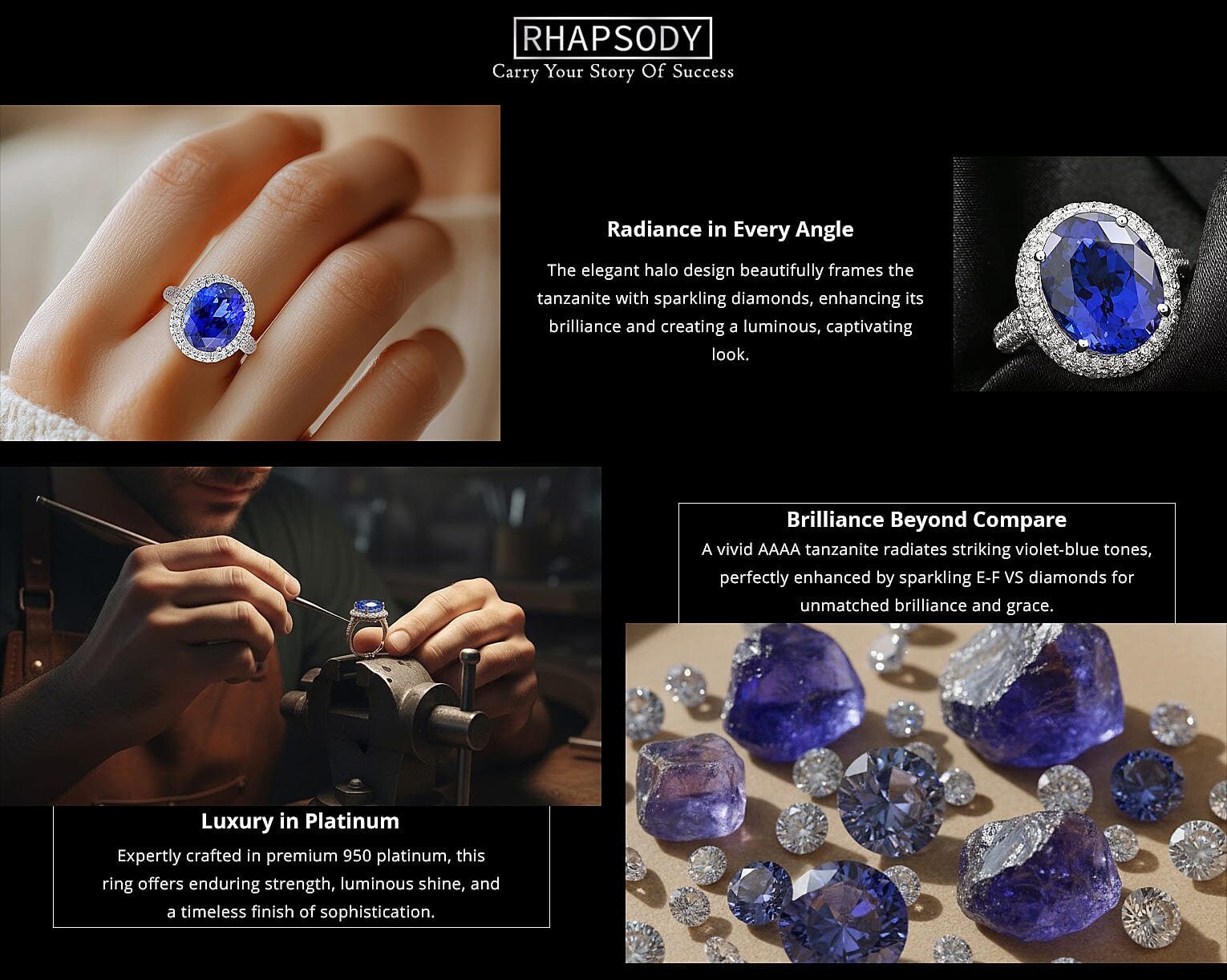Certified and Appraised Rhapsody AAAA Tanzanite and E-F VS Diamond 10.75 ctw Ring in 950 Platinum 9.40 Grams Banner