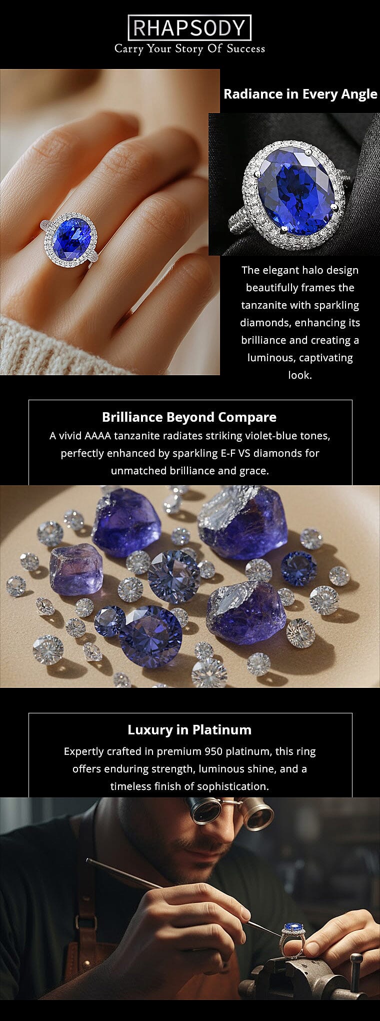 Certified and Appraised Rhapsody AAAA Tanzanite and E-F VS Diamond 10.75 ctw Ring in 950 Platinum 9.40 Grams Banner