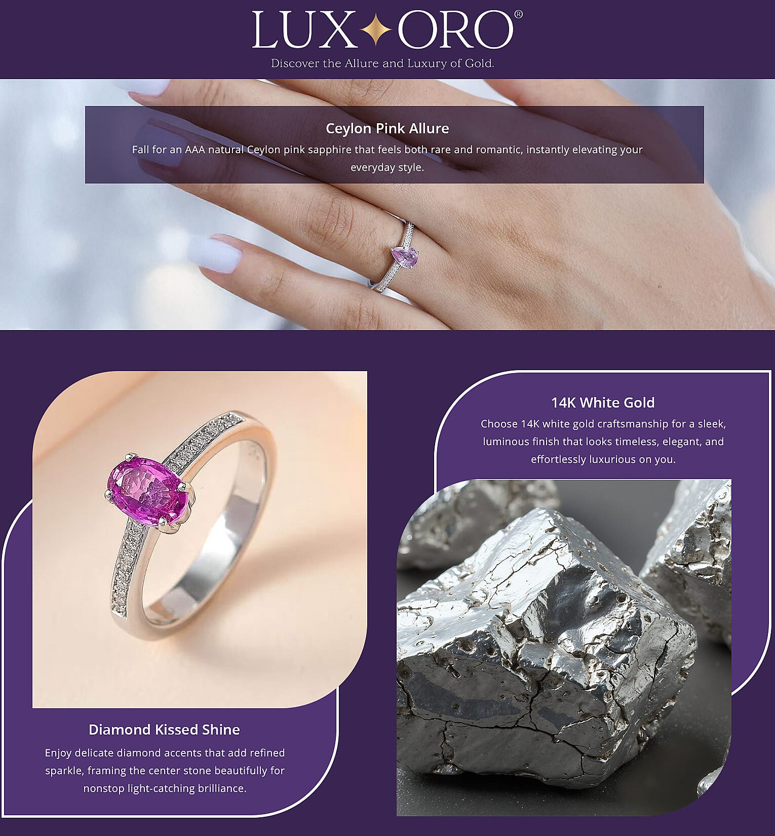 Luxoro AAA Natural Ceylon Pink Sapphire and G-H I2 Diamond 0.90 ctw Ring in 14K White Gold Banner