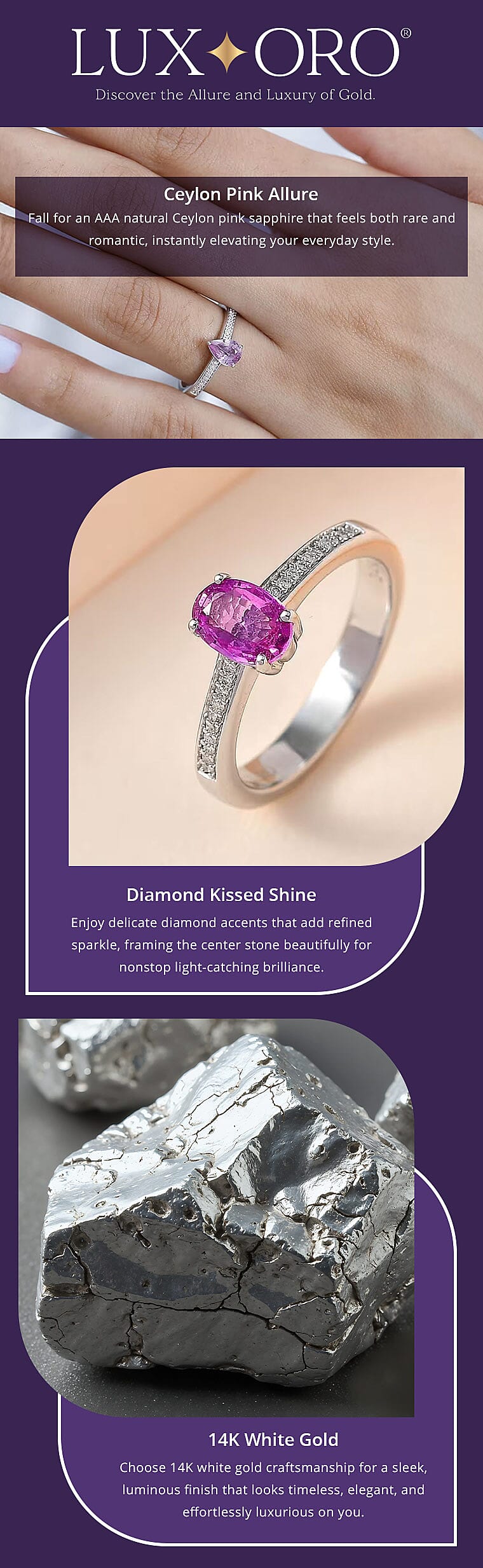 Luxoro AAA Natural Ceylon Pink Sapphire and G-H I2 Diamond 0.90 ctw Ring in 14K White Gold Banner