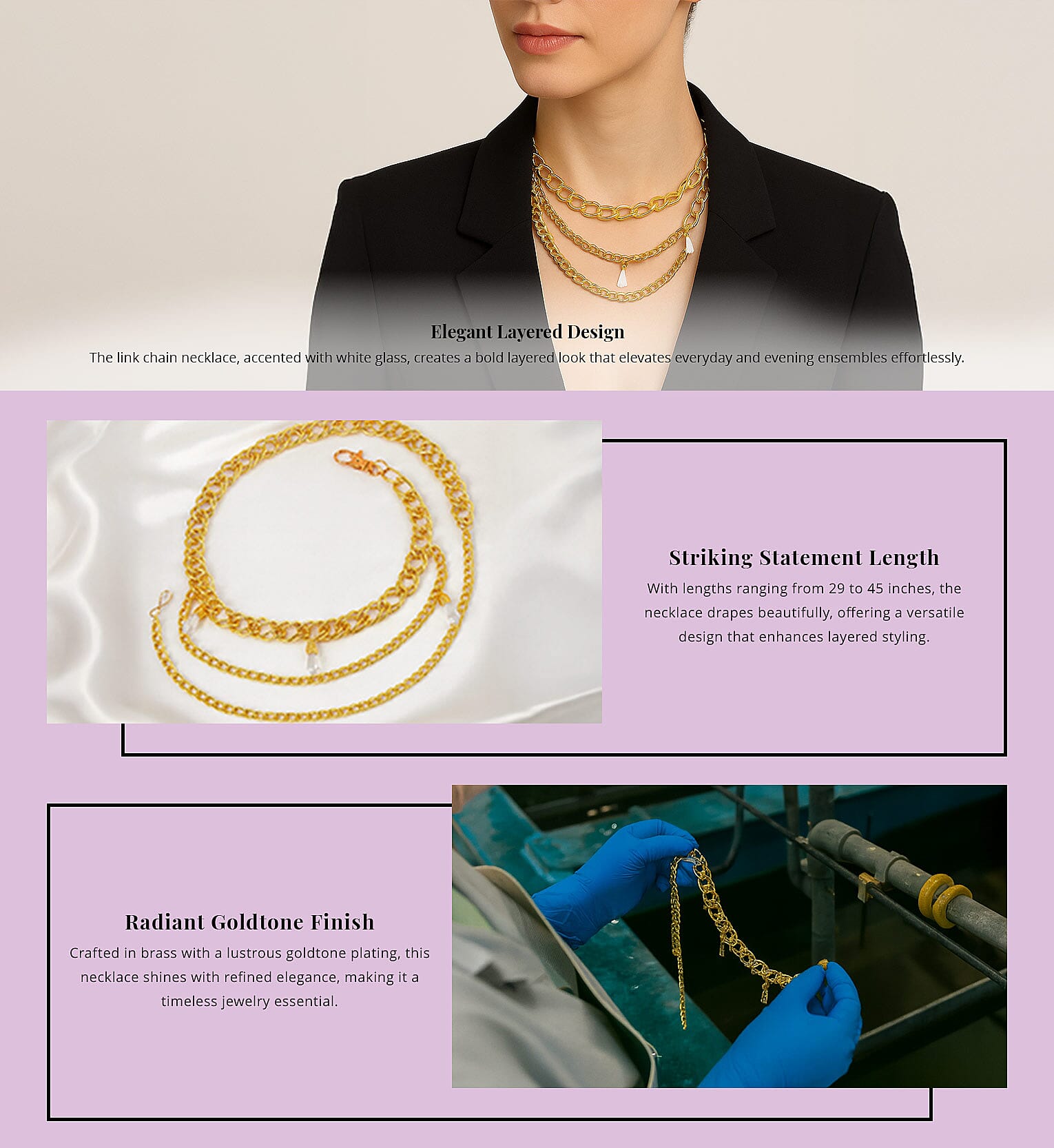 White Glass Necklace in Goldtone 29-45 Inches Banner