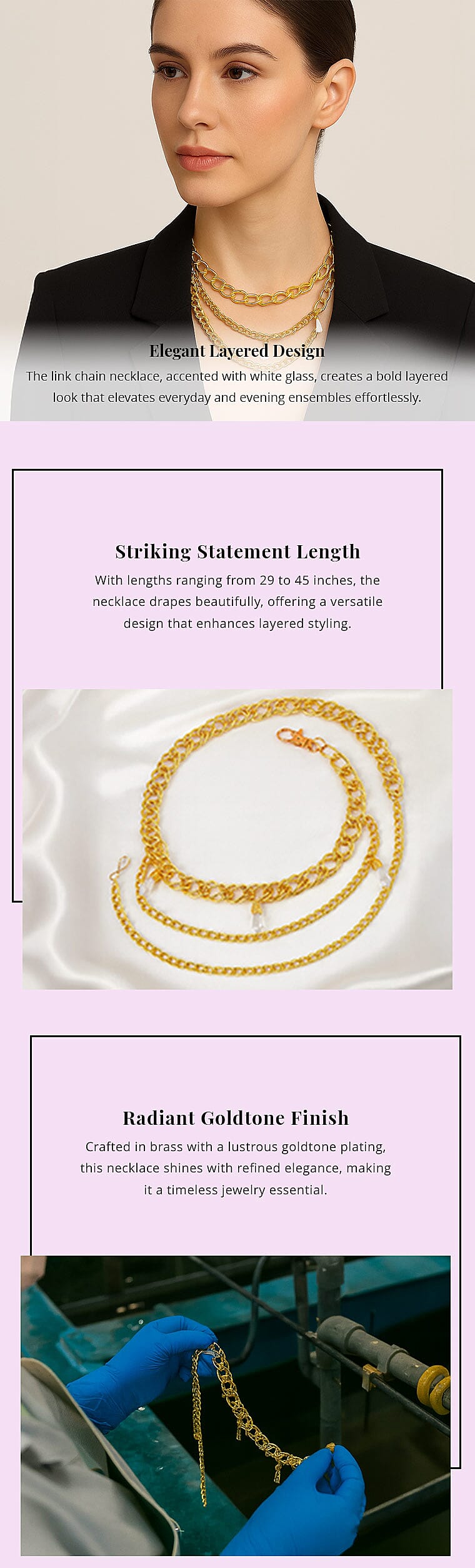 White Glass Necklace in Goldtone 29-45 Inches Banner