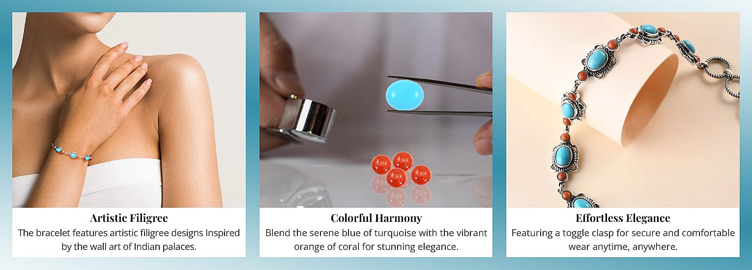 Sleeping Beauty Turquoise and Mediterranean Coral Toggle Clasp Bracelet in Sterling Silver Banner