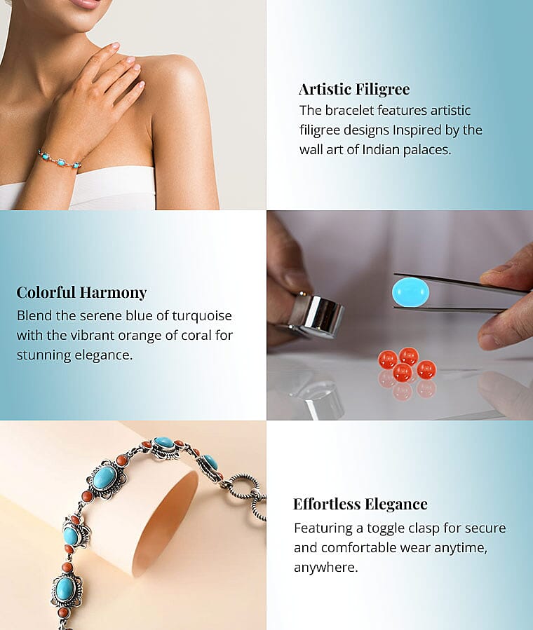 Sleeping Beauty Turquoise and Mediterranean Coral Toggle Clasp Bracelet in Sterling SilverBanner