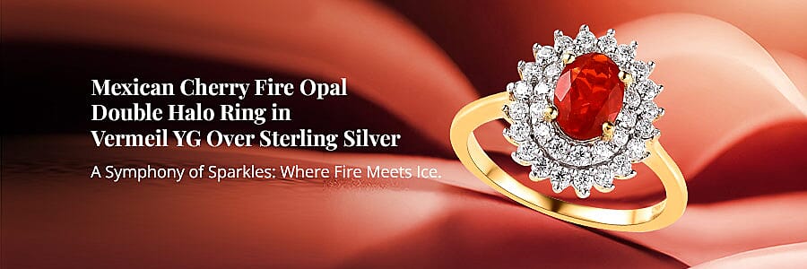 Mexican Cherry Fire Opal Double Halo Ring Banner