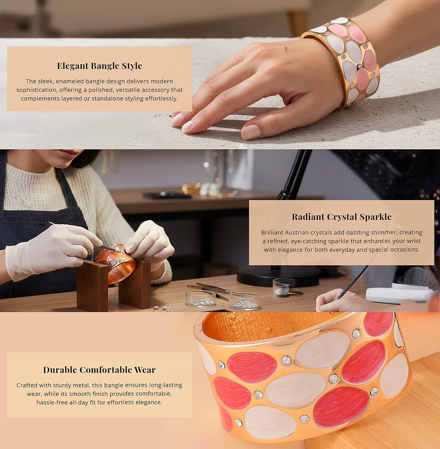 White Austrian Crystal and Pink Enameled Bangle Bracelet Banner