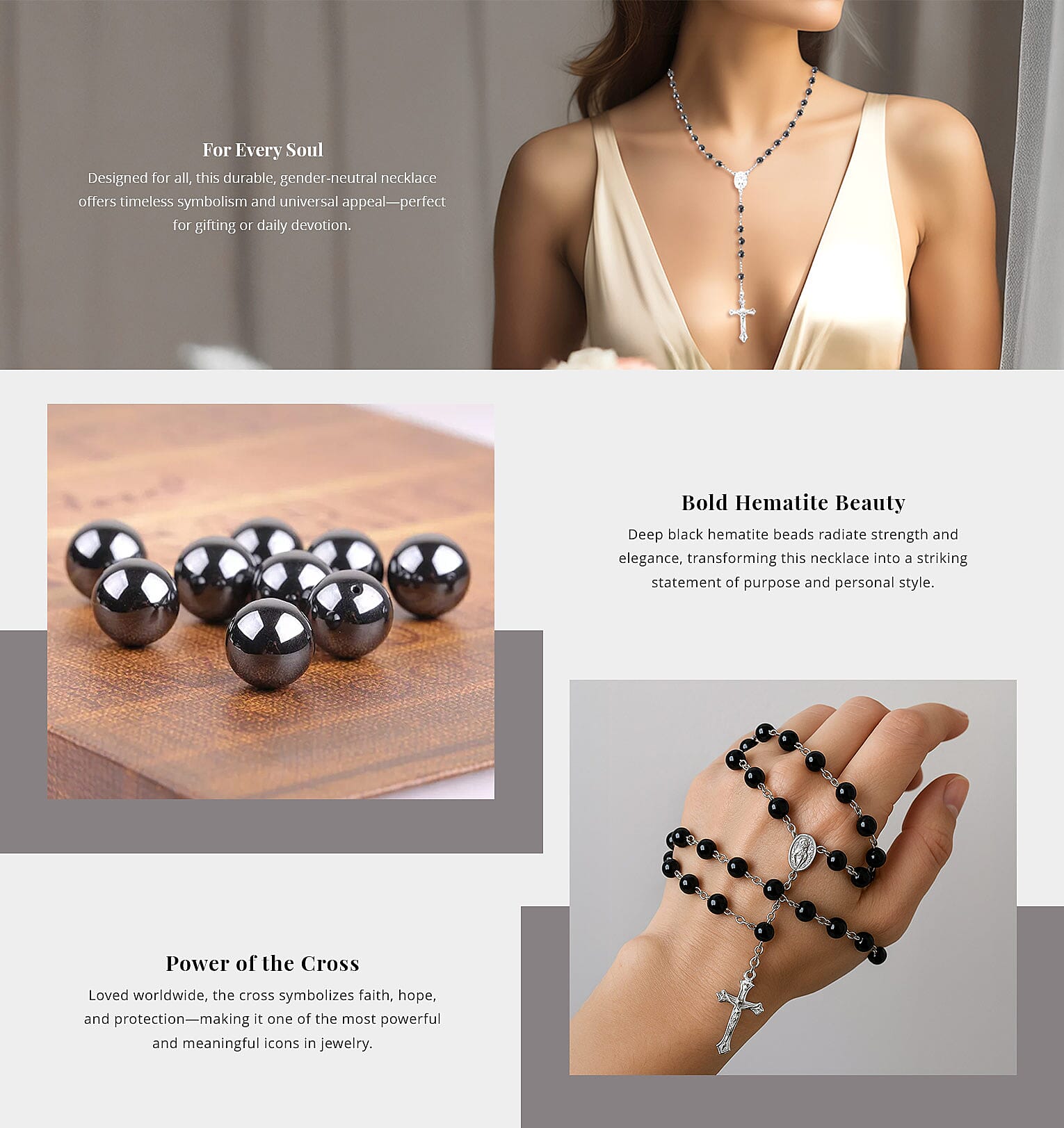 Black Hematite Cross Pendant with Beaded Necklace Banner