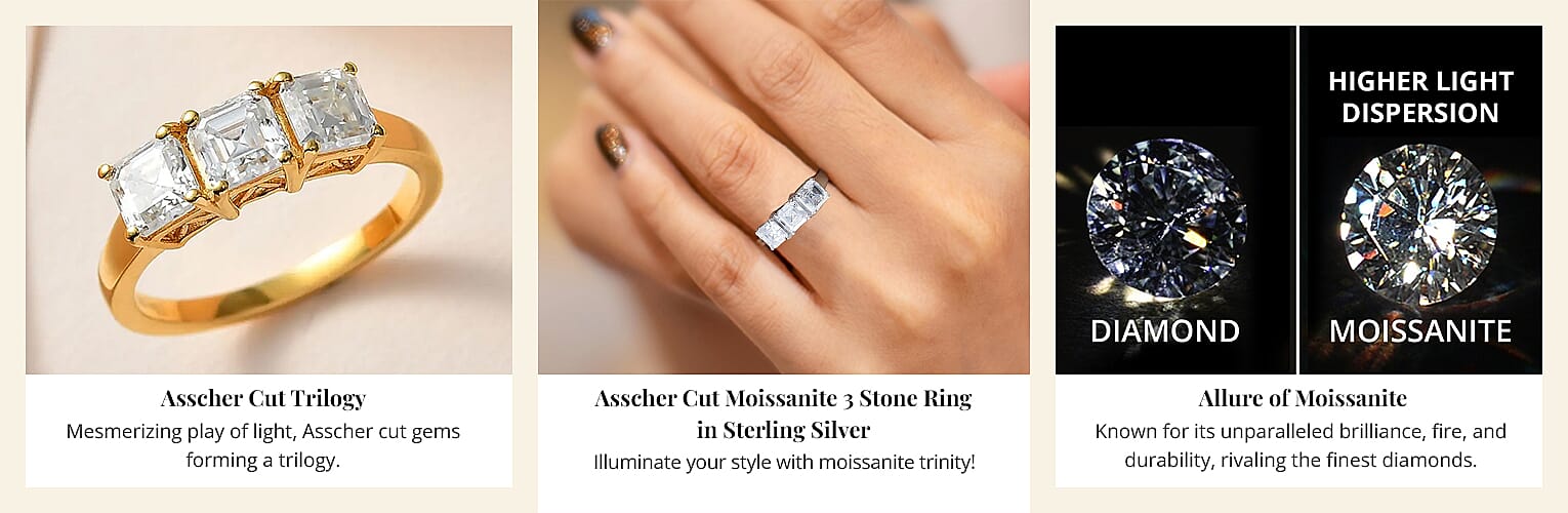 Asscher Cut Moissanite 3 Stone Ring in Sterling Silver Banner