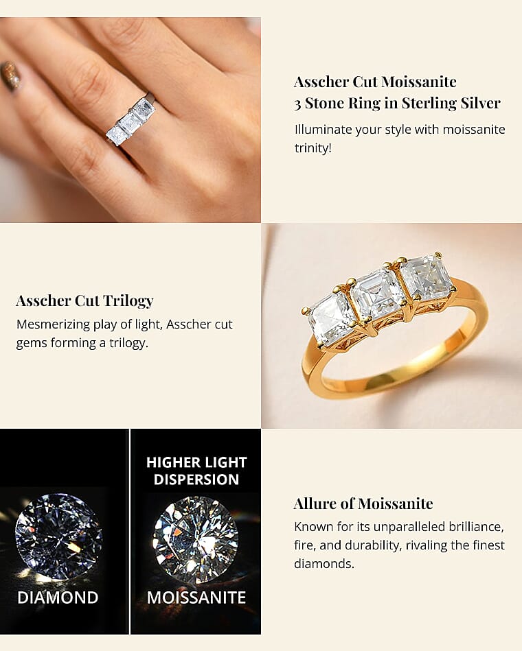Asscher Cut Moissanite 3 Stone Ring in Sterling Silver Banner