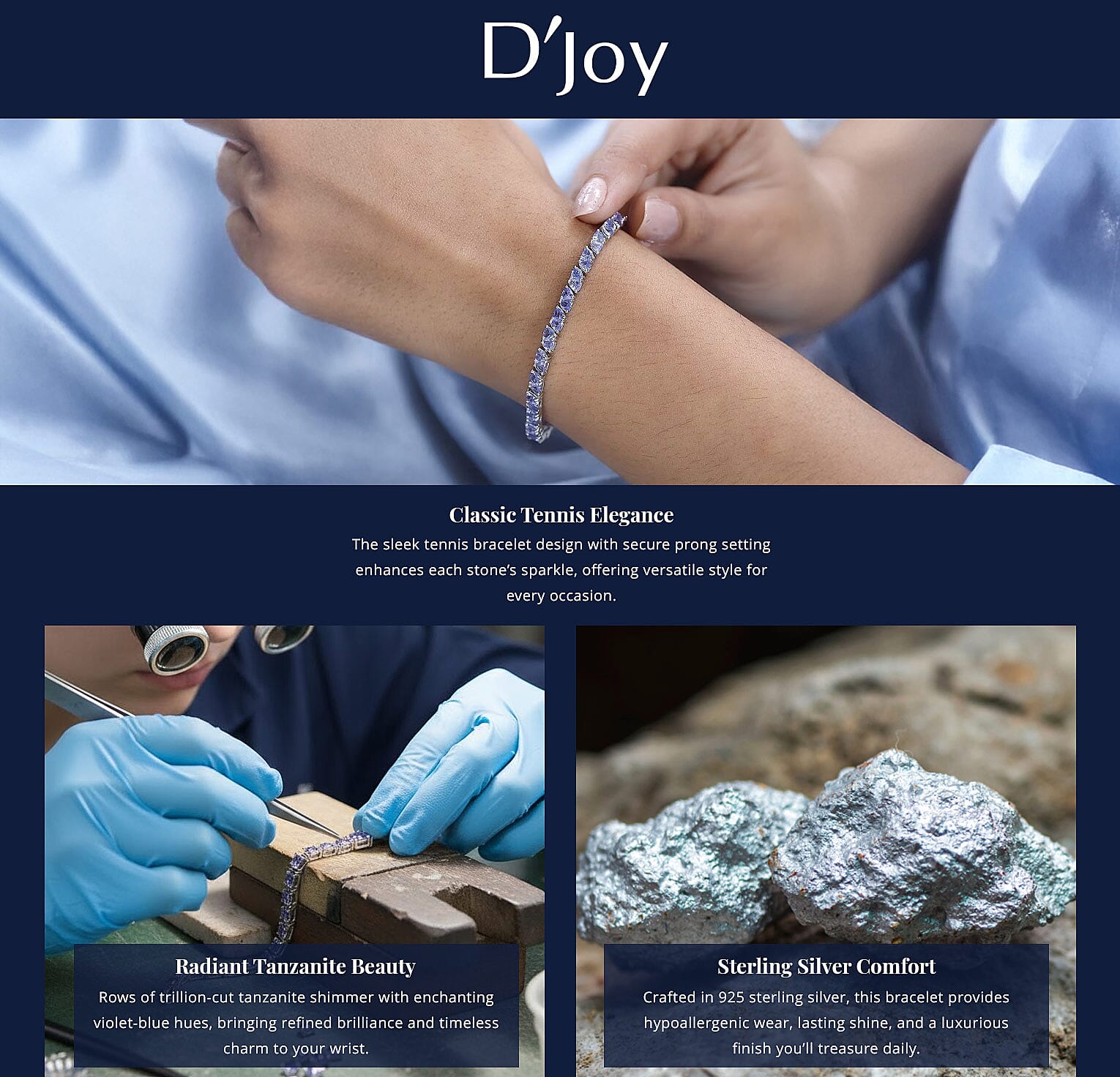 D'Joy Tanzanite Tennis Bracelet in Platinum Over Sterling Silver (7.25 In) 5.75 ctw Banner