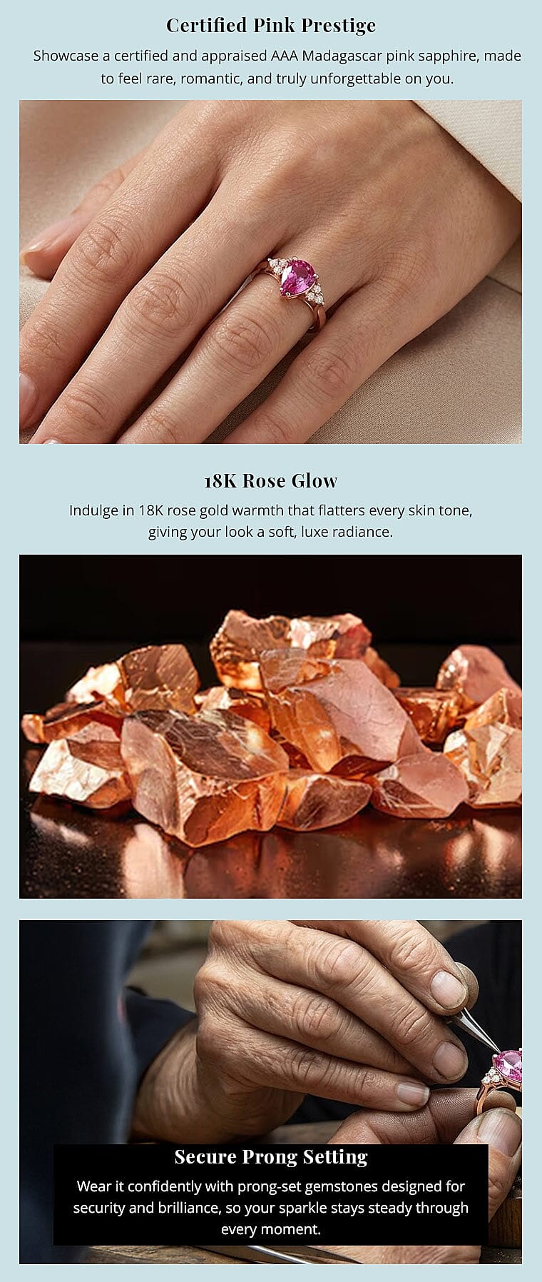 Certified & Appraised AAA Madagascar Pink Sapphire and SI Diamond 1.25 ctw Ring in Iliana 18K Rose Gold Banner