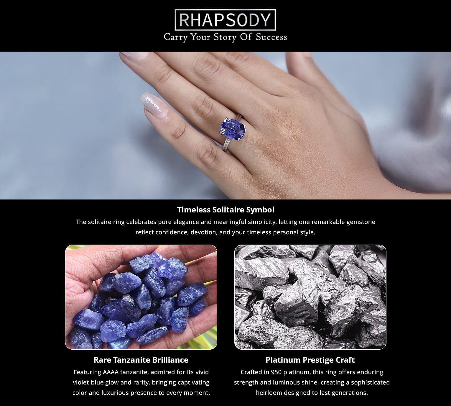 Rhapsody 950 Platinum AAAA Tanzanite and E-F VS2 Diamond Solitaire Ring 5.25 Grams 5.30 ctw Banner